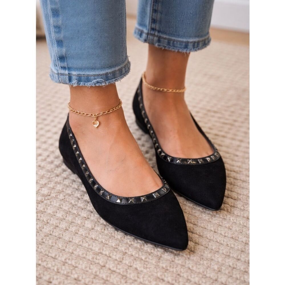 Cityclassified Black Pointed Stud-Trim Suede Flats